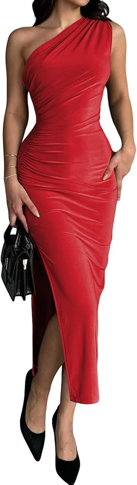 Womens' Sexy Summer One Shoulder Bodycon Long Stretchy Skin Tight Side Slit Date Night Dresses | Amazon (US)