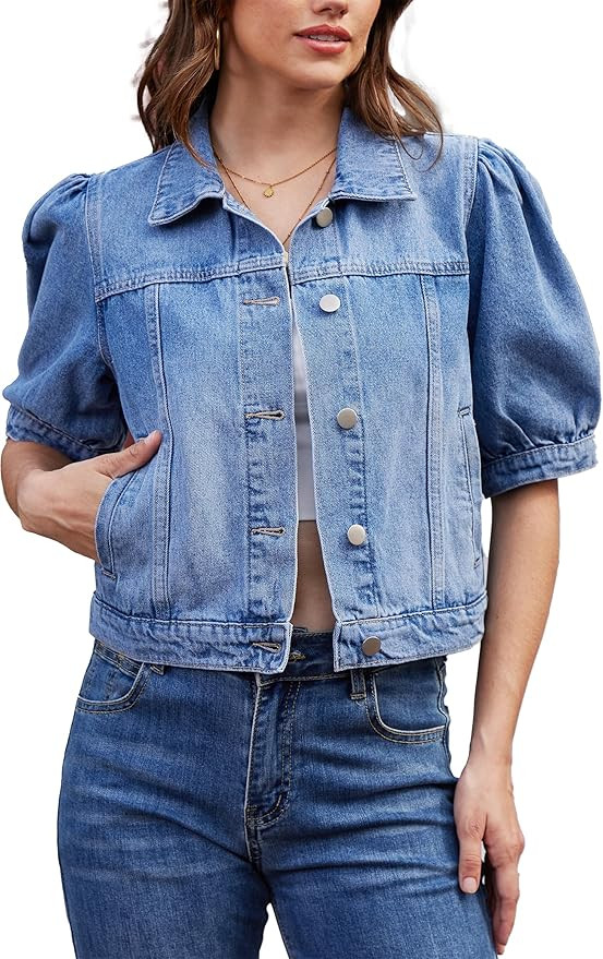 andy & natalie Women's Jean Jacket Cropped Short Puff Sleeve Trendy Denim Jackets with Pockets | Amazon (US)