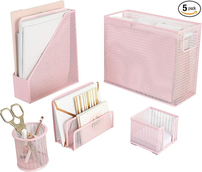 BLU MONACO 5 Piece Office Supplies Pink Desk Organizer Set - with Desktop Hanging File Organizer,... | Amazon (US)