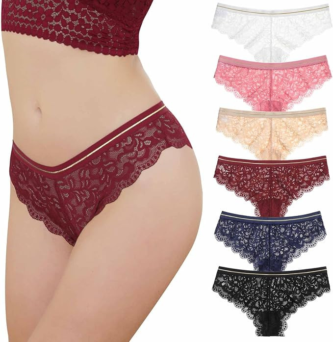 Aijolen Women Sexy Lace Bikini Panties, Low Waist Tanga Underwear Cheeky Panties Pack of 6       ... | Amazon (US)