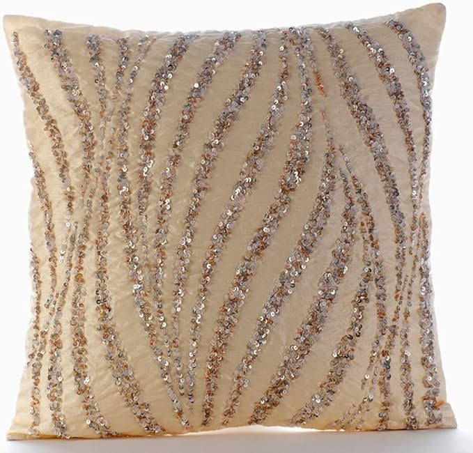 The HomeCentric Cushion Cover for Couch, Beige Pillow Cover, Metallic Sequins Beaded Glitter Pill... | Amazon (US)