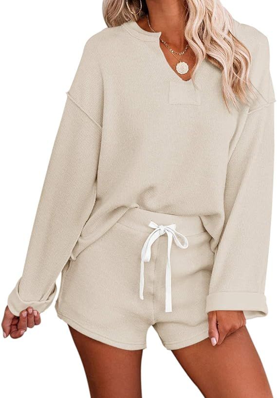 MEROKEETY Women's Long Sleeve Pajama Set Henley Knit Tops and Shorts Sleepwear Loungewear | Amazon (US)