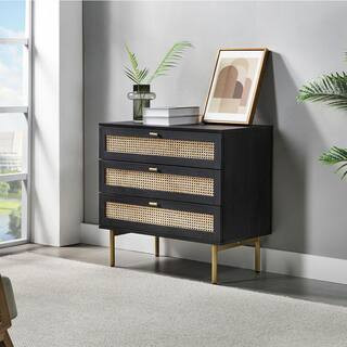 JAYDEN CREATION Datang 30 in. Tall 3-Drawer Black Bachelor's Chest with Hand-woven Wicker and Met... | The Home Depot