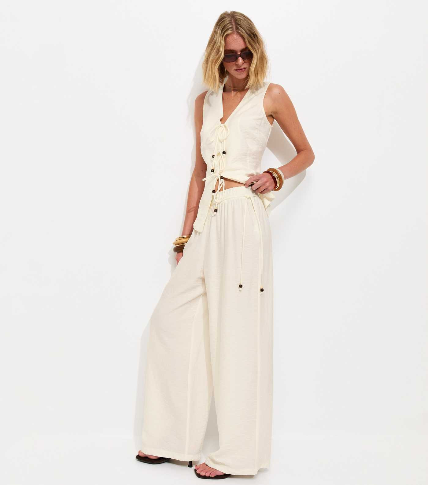 Off White Beaded Tie Wide Leg Trousers | New Look | New Look (UK)