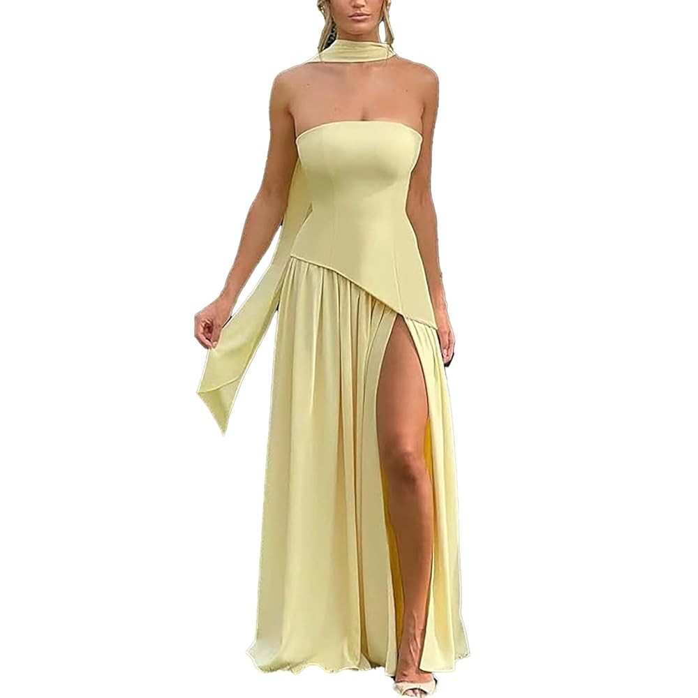 Women Strapless Corset Asymmetrical High Split Flowy Maxi Dresses Evening Gown Wedding Guest Dres... | Amazon (US)