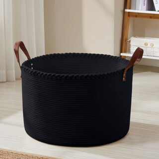 Extra Large Round Cotton Rope Storage Basket Laundry Hamper with Leather Handles | Kroger