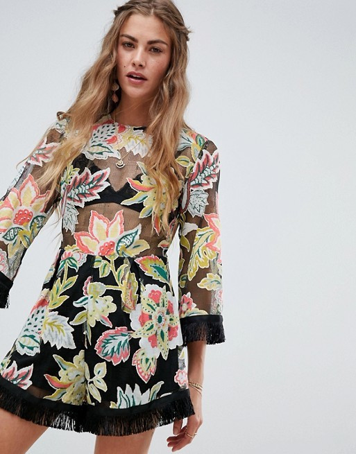 Love & Other Things Embroidered Mesh Tassle Romper | ASOS US