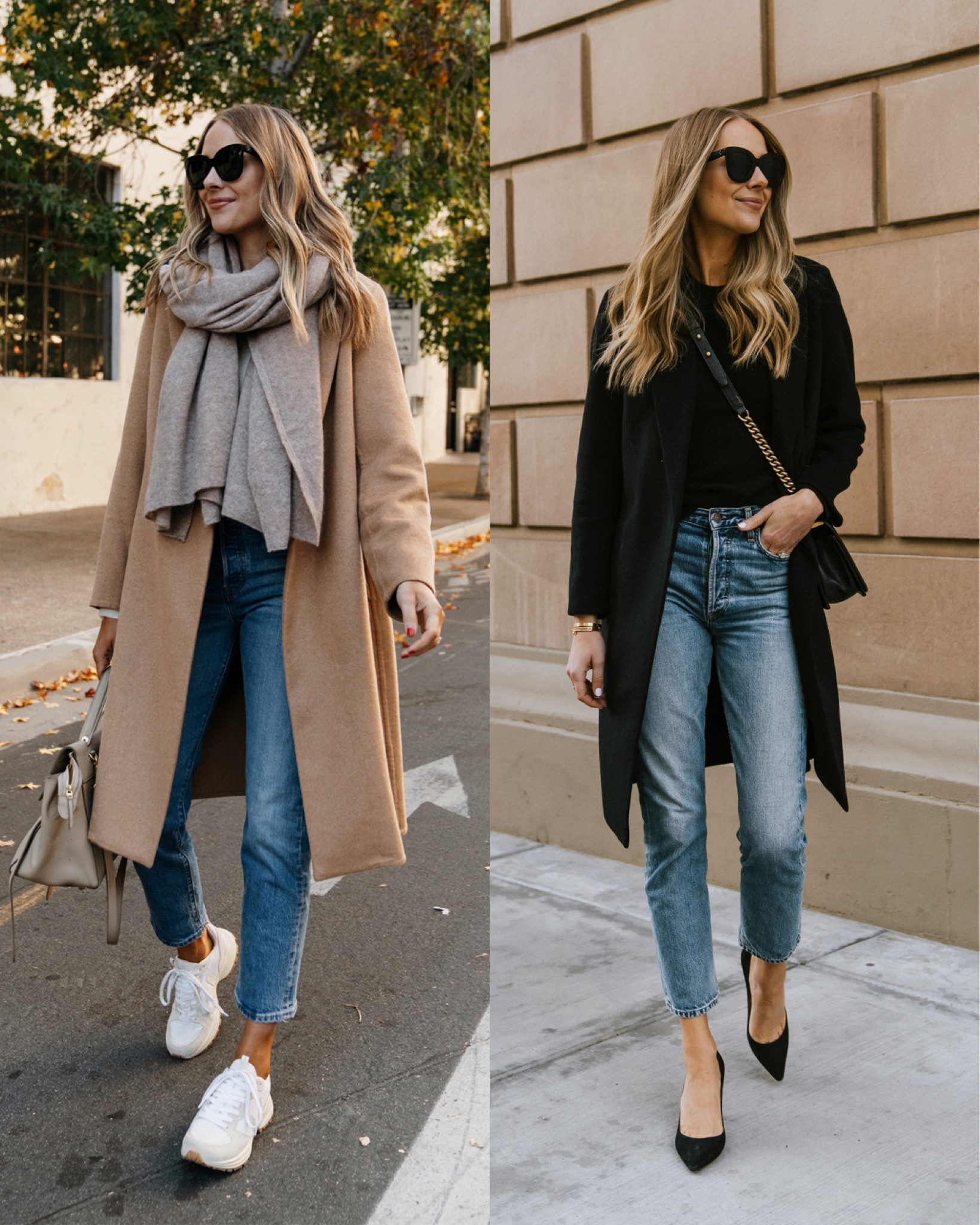 Camel & Blush: Leather jacket, Pink scarf & Light denim