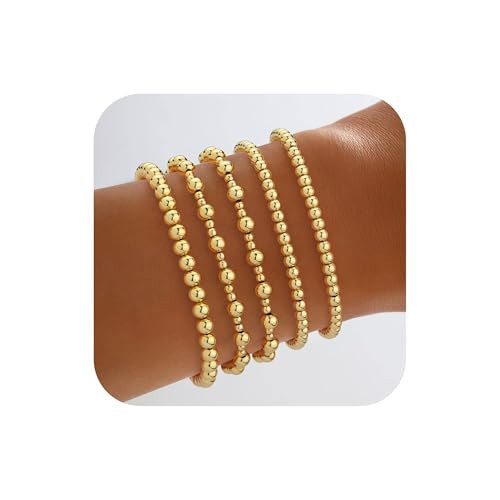Howoo 18K Gold Plated Bracelets for Women Beaded Bracelets Stack Stretch Bead Ball Jewelry for Women Trendy | Amazon (US)