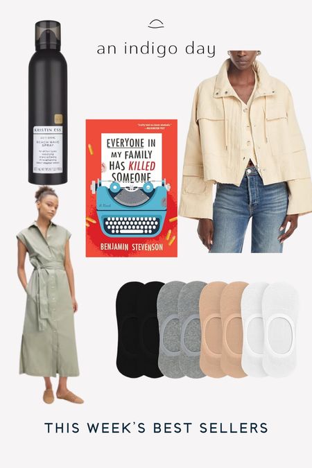 This weeks best sellers. Everlane shirt dress. Aqua cargo cropped jacket. No show socks. Beach wave spray  

#LTKstyletip #LTKfindsunder100 #LTKfindsunder50