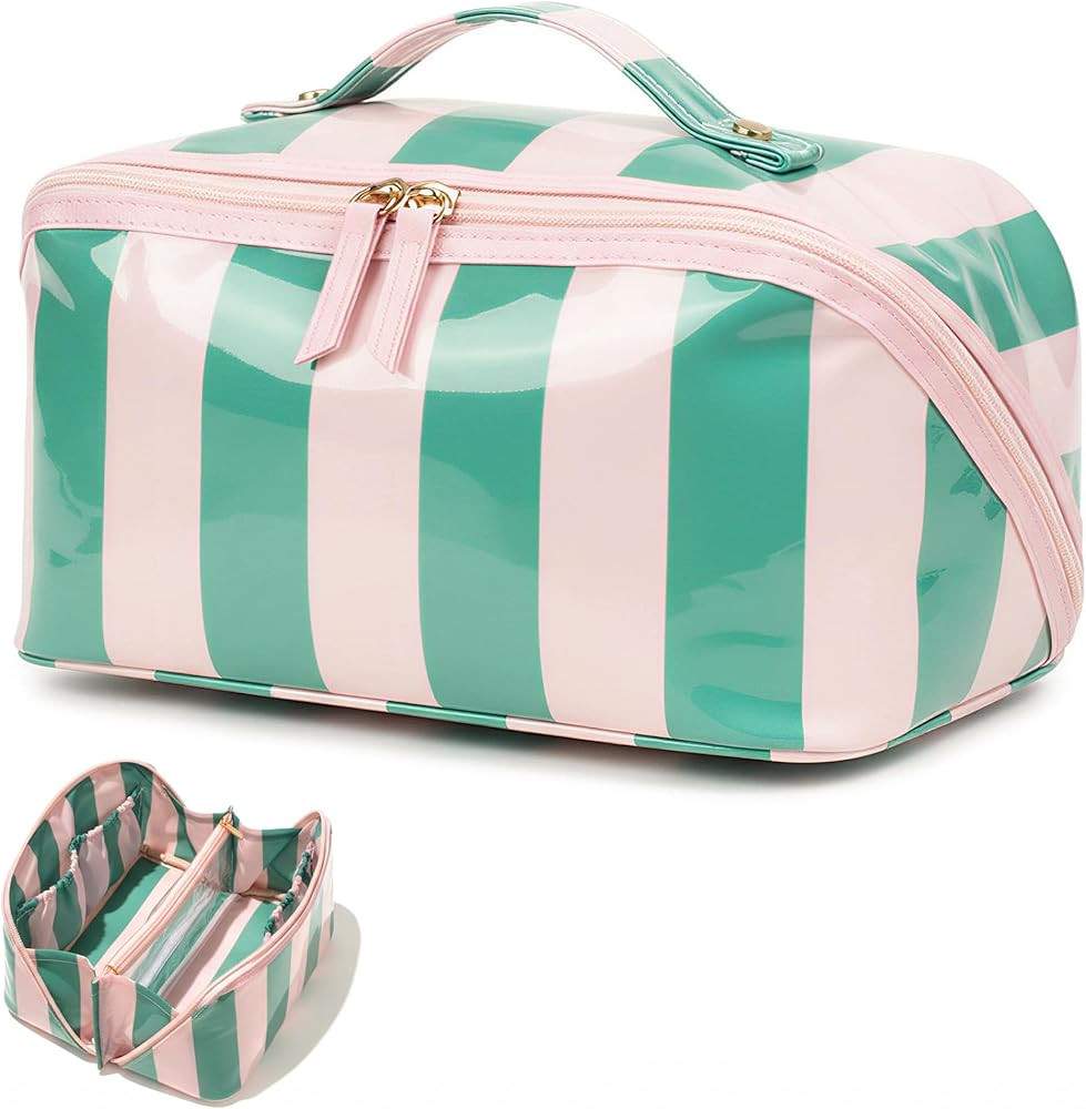 LETGO Preppy Stripe Clear Travel Makeup Bag, Waterproof Glossy PVC Cosmetic Organizer with Handle... | Amazon (US)