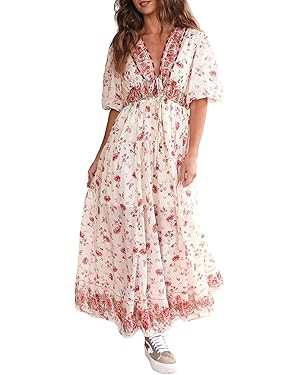 Women Spring Dresses Flowy Smocked Maxi Dress Puff Sleeve Sweetheart Y2K Floral Boho Summer Sundr... | Amazon (US)