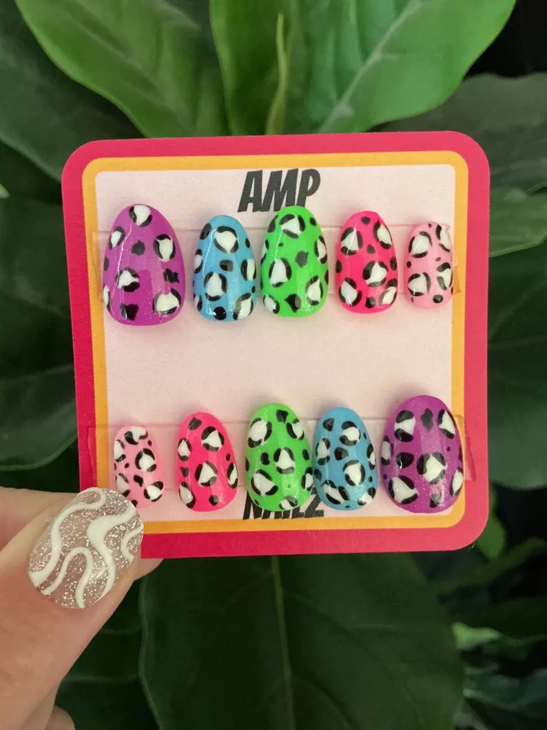 Multicolor Rainbow Mismatched Leopard Press on Nails, Pink Leopard Nails, Purple Nails,mismatched... | Etsy (Global)