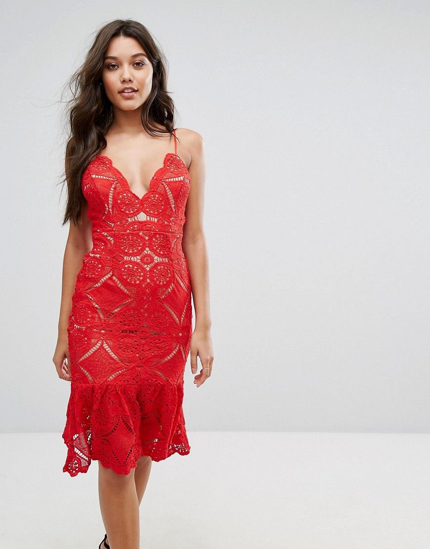 Love Triangle Allover Lace Pencil Dress With Fluted Hem Detail - Red | ASOS US