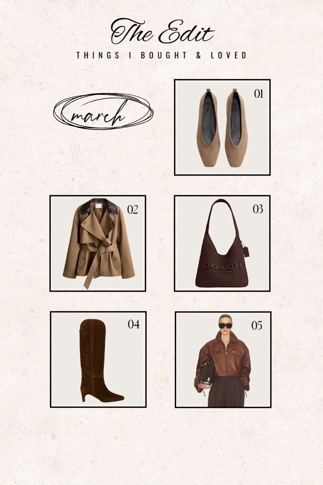 Five things I bought and loved 🤎

Suede flats
Trench coat
Coach bag
Suede boots
Leather moto jacket 


#LTKOver40 #LTKWorkwear #LTKootd