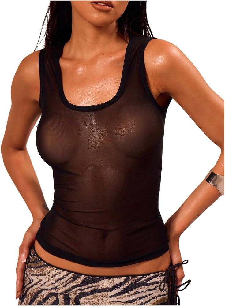 Women's Sheer Square Neck Tank Top Sleeveless Fitted Vacation Summer Tops Basic Shirt | Amazon (US)