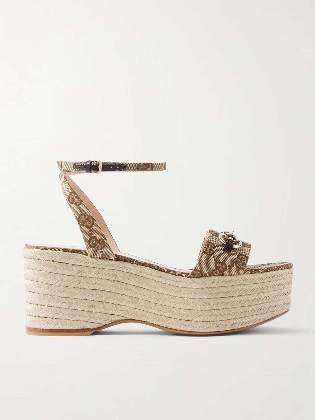 Gucci - Lady Horsebit Leather-trimmed Logo-jacquard Canvas Wedge Sandals - Neutrals | NET-A-PORTER (US)