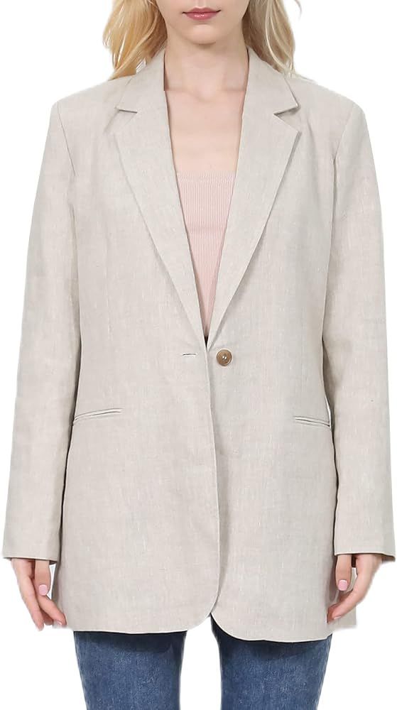 Amazhiyu Womens Linen Blend Notched Buttoned Blazer Jackets Long Sleeve Casual Office Coat | Amazon (US)