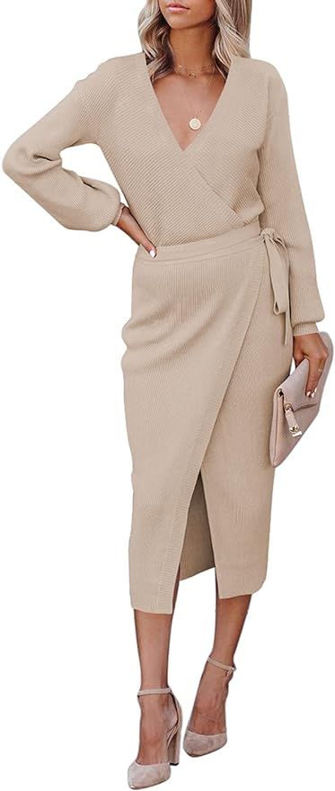 Linsery Women's Wrap V Neck Long Sleeve Belted Sweater Ribbed Knit Midi Dress | Amazon (US)