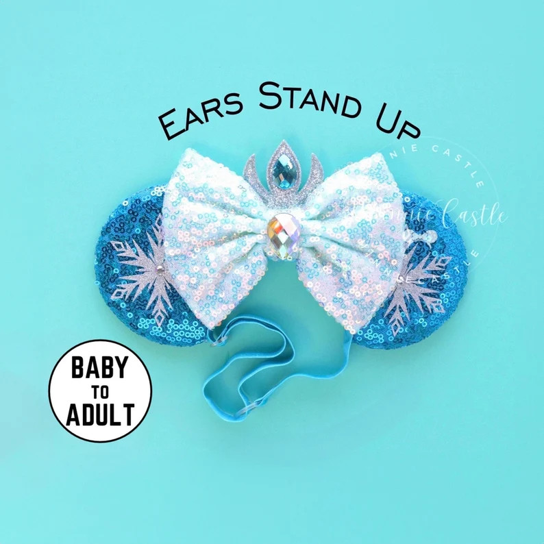 Queen Ice Mouse Ears Elastic Headband | Snowflake Ice Blue Sequin Bow Baby Toddler Adults Princes... | Etsy (Global)