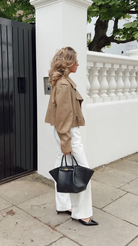 Cropped trench coat, white trousers, formal outfit, work outfit, neutral style, outfit ideas, Uniqlo, cos, Charles & Keith, demellier bag, free people sunglasses, spring style 

#LTKstyletip #LTKSeasonal #LTKeurope