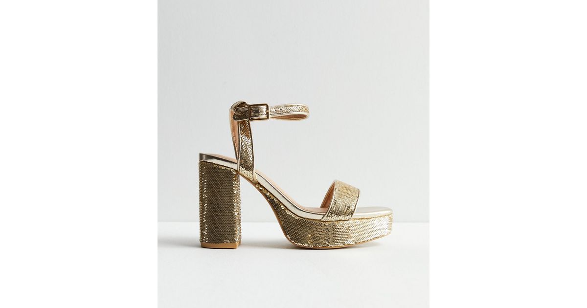 Gold Sequin 2 Part Platform Block Heel Sandals | New Look | New Look (UK)