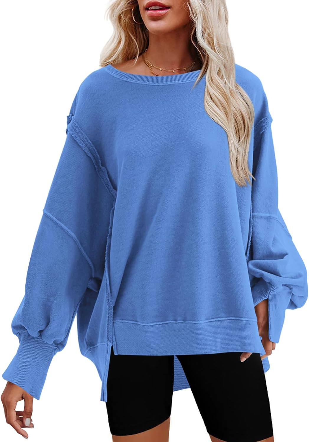 Nirovien Womens Oversized Crewneck Sweatshirt Side Slit Long Sleeve Pullover Slouchy Fit Tops | Amazon (US)