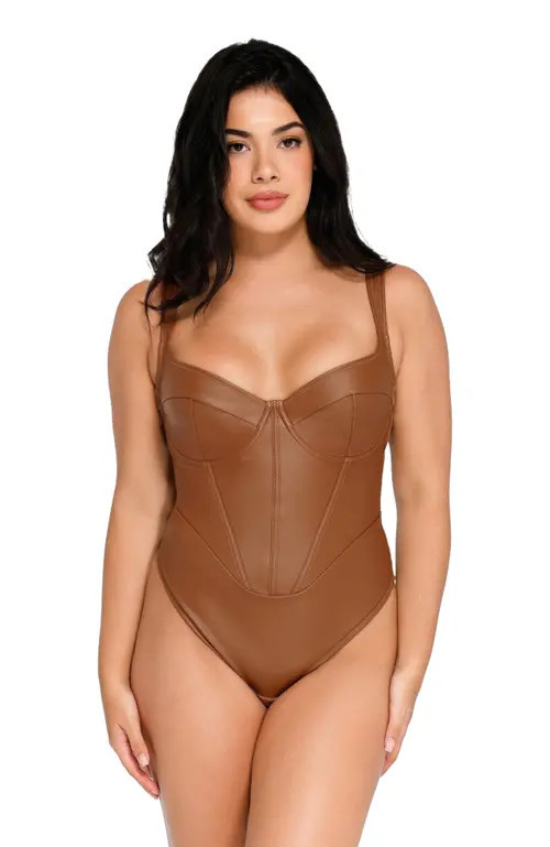 Popilush Shapewear Faux Leather Hourglass Corset Bodysuit in Dark Brown at Nordstrom, Size X-Large | Nordstrom