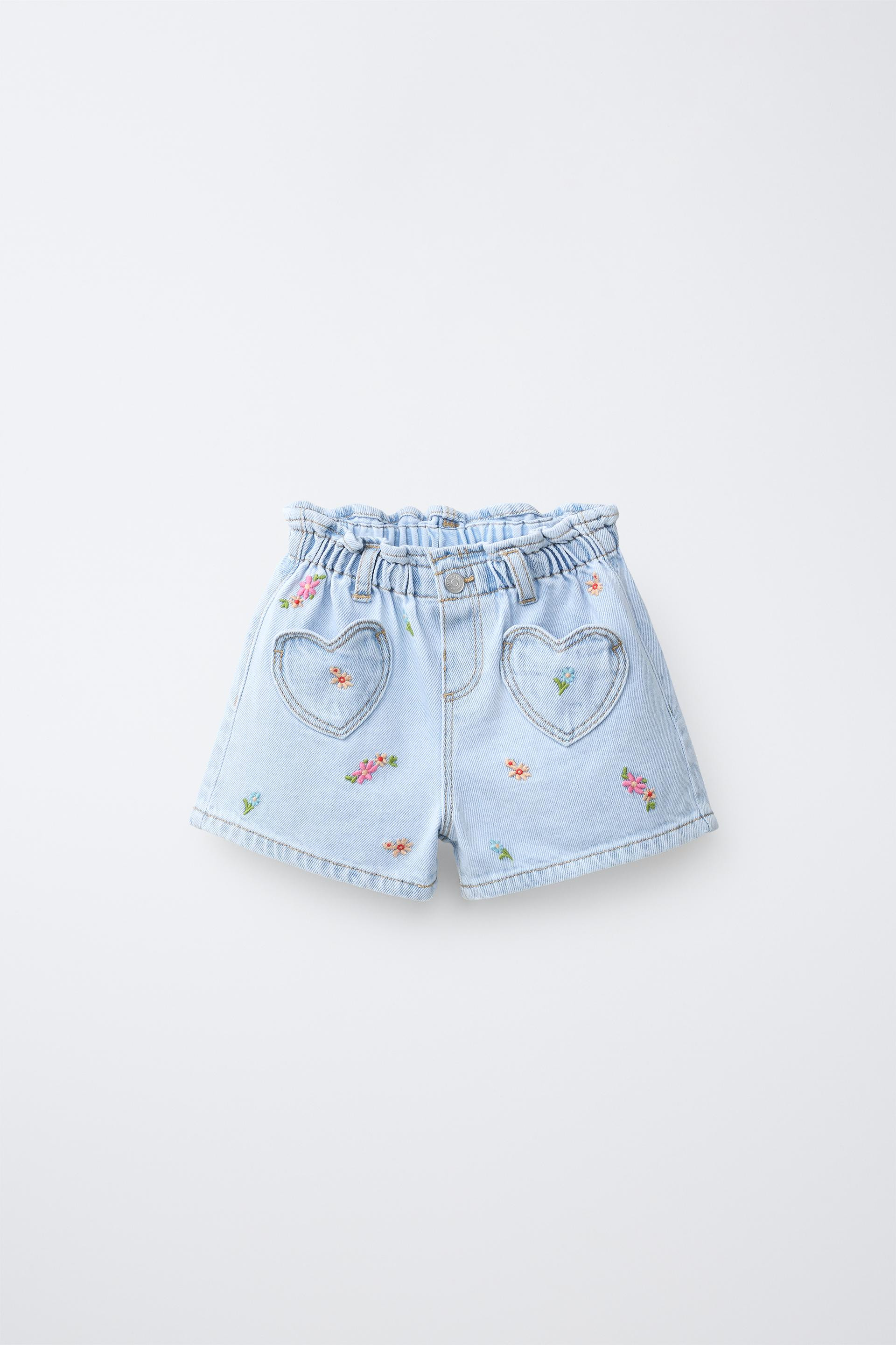 Zara - Embroidered Floral Denim Paperbag Shorts - Light Blue - 6 Years (45,2 Inches) - Kids | Zara US