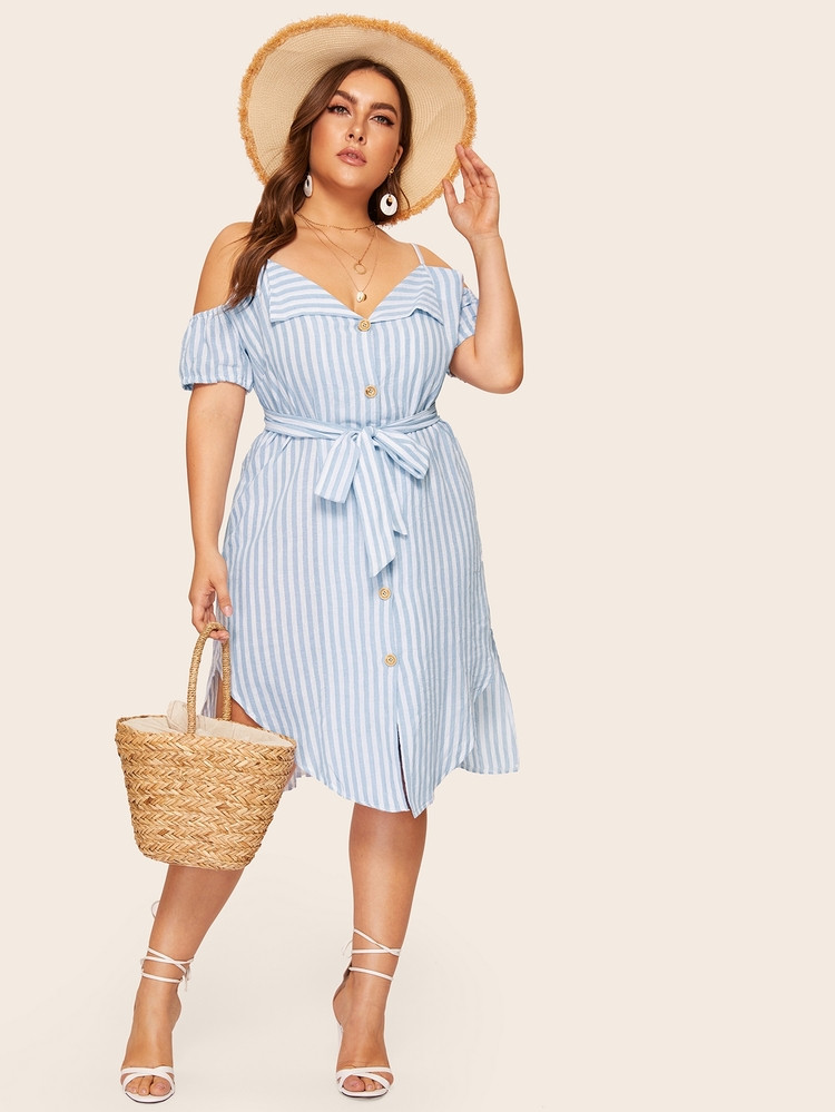 Plus Cold Shoulder Striped Shirt Dress | SHEIN