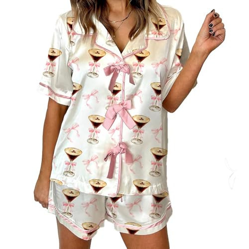 Leyajedol Women Cute Bow Print Pajama Set Short Sleeve Button Shirt Shorts Love Heart Holiday Pj Satin 2 Piece Lounge Outfit | Amazon (US)