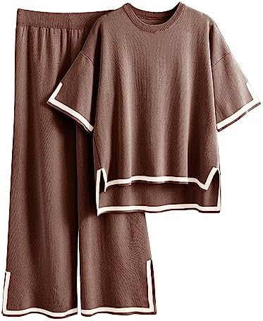 Tanming Sweater Sets Women 2 Piece Lounge Sets Short Sleeve Knit Pullover Tops Wide Leg Pants | Amazon (US)