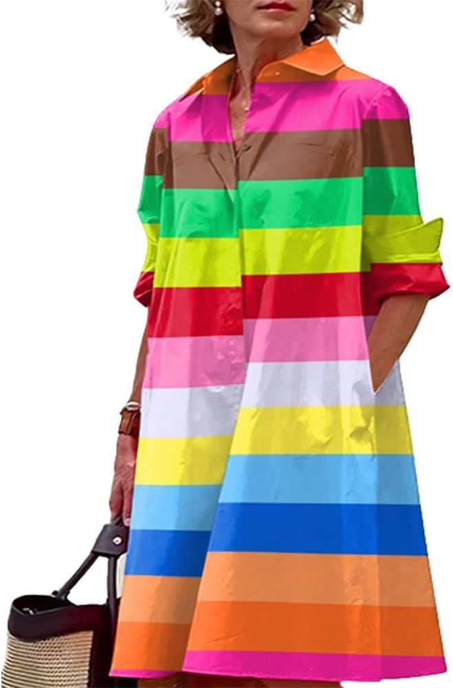 Womens Cotton Linen Shirt Dress Long Sleeve Button Down V Neck Loose Fit Casual Shirt Dresses wit... | Amazon (US)