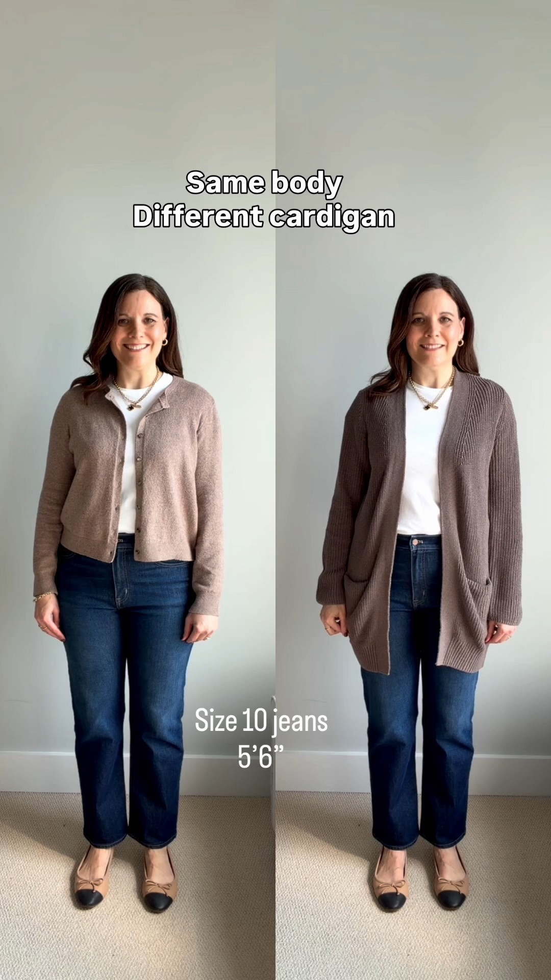 I wear a size 10 jeans and have a curvy rear. Sometimes my instinct is to reach for the longer cardigan because it covers more of it.

But when I look at these two cardigans side by side in a 360, I keep coming back to the shorter one.

The longer cardigan hits at the bottom of my thigh, and on me, that extra length creates a larger, more rectangular upper-body silhouette. It carries the visual width of my torso farther down and hides more of my natural shape.

The hip-length cardigan shows more of my rear, but it gives me a clearer break between my upper and lower body, shows more of my natural shape, and lets more of my leg line show.

So even though my instinct might be to choose the longer cardigan for the extra coverage, I think the shorter cardigan is much more flattering on me.

It’s a good reminder that the piece that covers more isn’t always the piece that gives us the proportions we’re looking for.

Which cardigan length would you choose?

Fit notes: these midrise straight jeans from J.Crew Factory fit true to size. The short cardigan is from Old Navy and fits small and short. I size up to a large. I own it in several colors and patterns.

📏For reference, I’m midsized, 5’6”, slightly short-waisted, 36-B bust, and wear a small or medium top with size 10 jeans.

#LTKOver40 #LTKSaleAlert #LTKMidsize