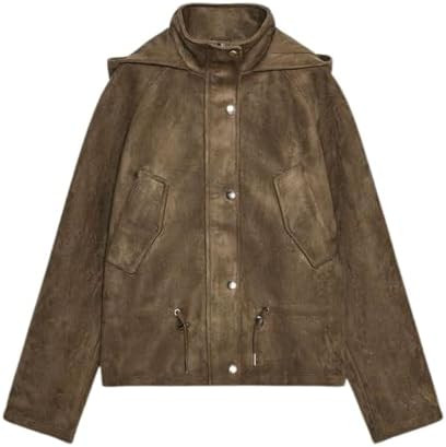 Xunger Women's Vintage Faux Suede Hooded Jacket Oversized Drawstring Waist Coat Stand Collar Casu... | Amazon (US)