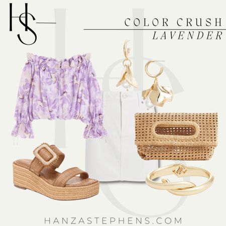Lavender floral off the shoulder top paired with an affordable white denim mini skirt 

#LTKshoecrush #LTKstyletip #LTKunder50
