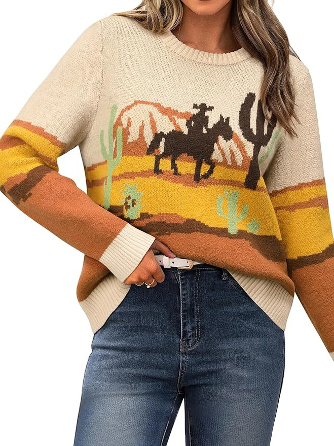 MYMORE Women's Western Cowgirl Knitted Sweater Long Sleeve Vintage Cowboy Print Color Block Crewn... | Amazon (US)