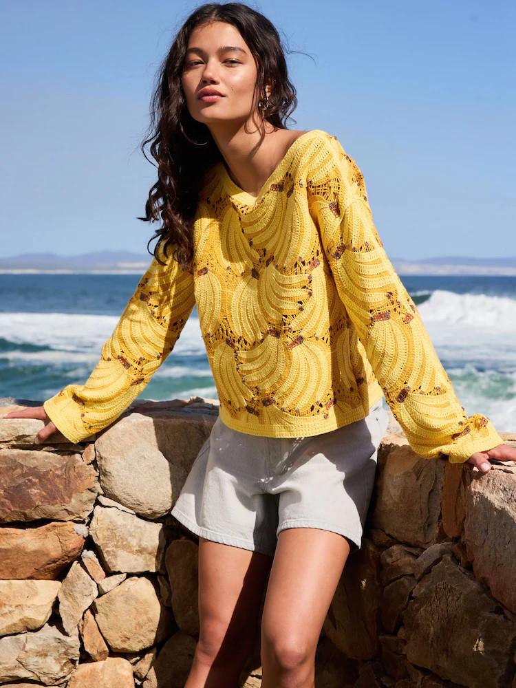 Buy Yellow Banana Cotton Rich Crochet Long Sleeve Off The Shoulder Jumper from Next Belgium | Next EU