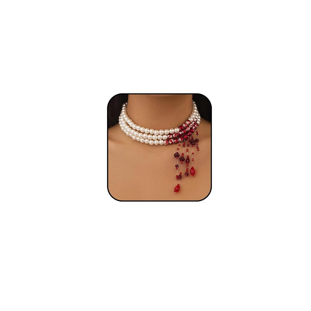 Gothic Bloody Pearl Necklace for Women Punk Blood Tassel Necklace Vampire Choker Necklaces Hallow... | Amazon (US)