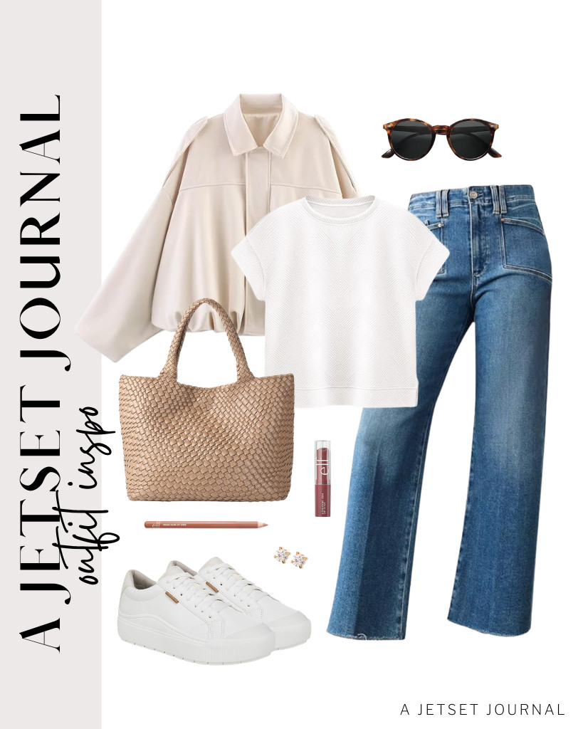 A beige bomber jacket paired with high-waisted jeans is a 10/10 for me. You can effortlessly style it with SOJOS sunnies, Dr. Scholl’s sneakers, and a trendy shoulder bag. Swipe on e.l.f. Lip shine to finish the look. 

 #LTKSeasonal #LTKSaleAlert #LTKTravel