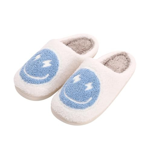 Qubuwalk Retro Lightning Bolt Smile Face Slippers Soft Plush Comfy Warm Fuzzy Slippers Women's Cozy House Slippers | Amazon (US)