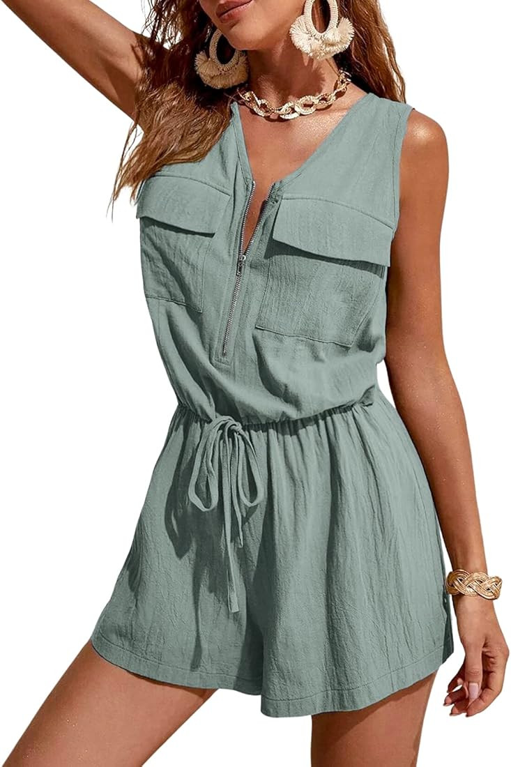 CUPSHE Zip-Up Cotton Romper Wide Leg Rompers V Neck Sleeveless Jumpsuits | Amazon (US)