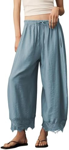 Lviefent Womens Cropped Lace Hem Pants Casual Drawstring Waist Summer Wide Leg Pants Beach Trouse... | Amazon (US)