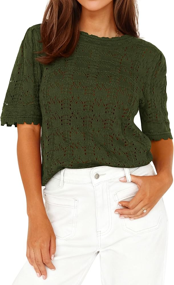 PRETTYGARDEN Women's Short Sleeve Sweater Trendy Crochet Summer Tops 2026 Casual Hollow Out Shirt... | Amazon (US)
