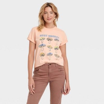 Women's Stay Groovy Mushroom Grid Short Sleeve Graphic T-Shirt - Pink | Target