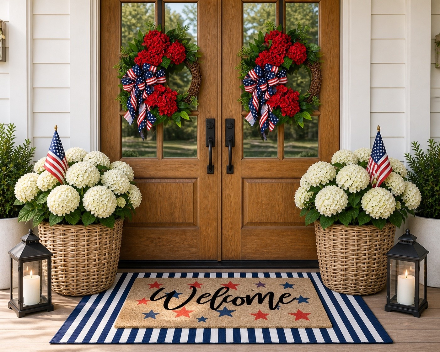 A soft take on patriotic porch styling 🇺🇸
Hydrangeas, layers, and a welcoming moment 🤍

#LTKMothersDay #LTKSeasonal #LTKHome
