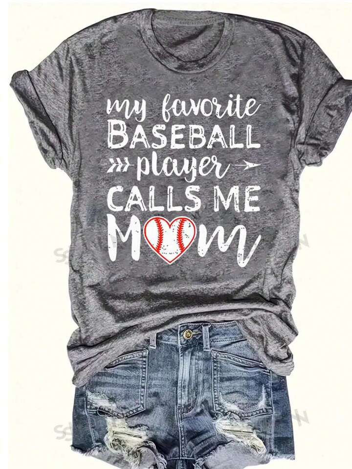 SHEIN LUNE Camiseta De Manga Corta Con Eslogan De Beisbol Impreso Para Mujer | SHEIN USA | SHEIN