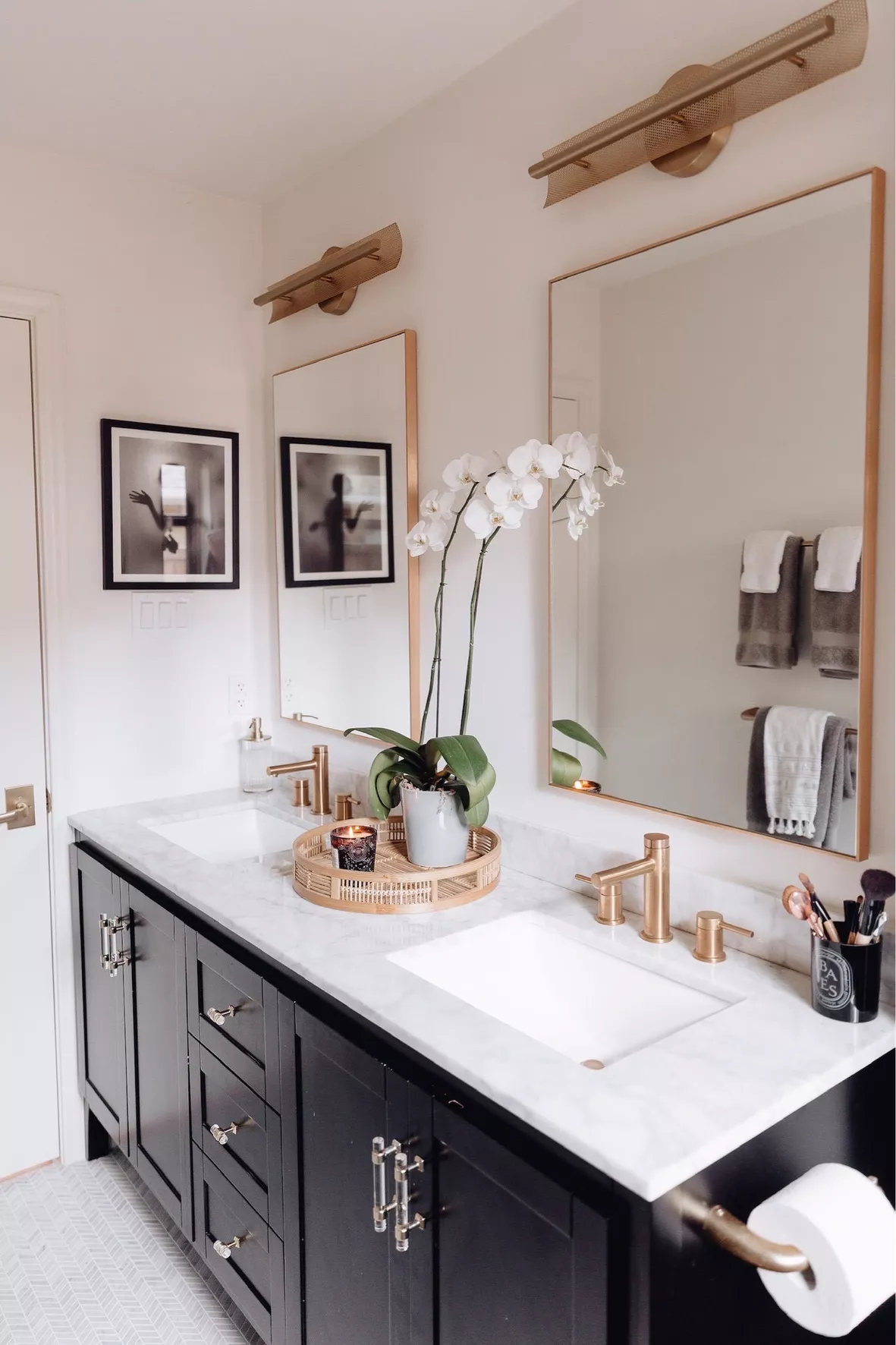 Dual Marble and Brass Sink Vanity with Marble Shelf - Transitional