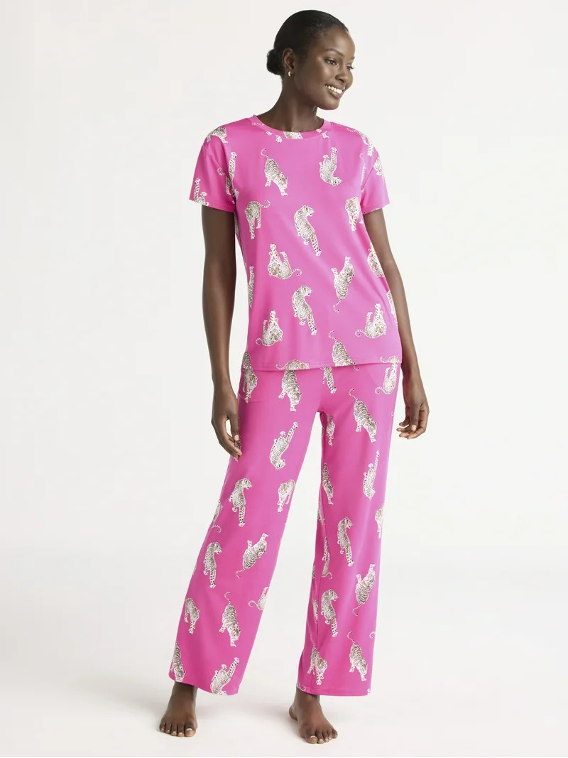 Joyspun Women's Short Sleeve Sleep Top and Open Leg Pants Pajama Set, 2-Piece, Sizes XS-3X | Walmart (US)