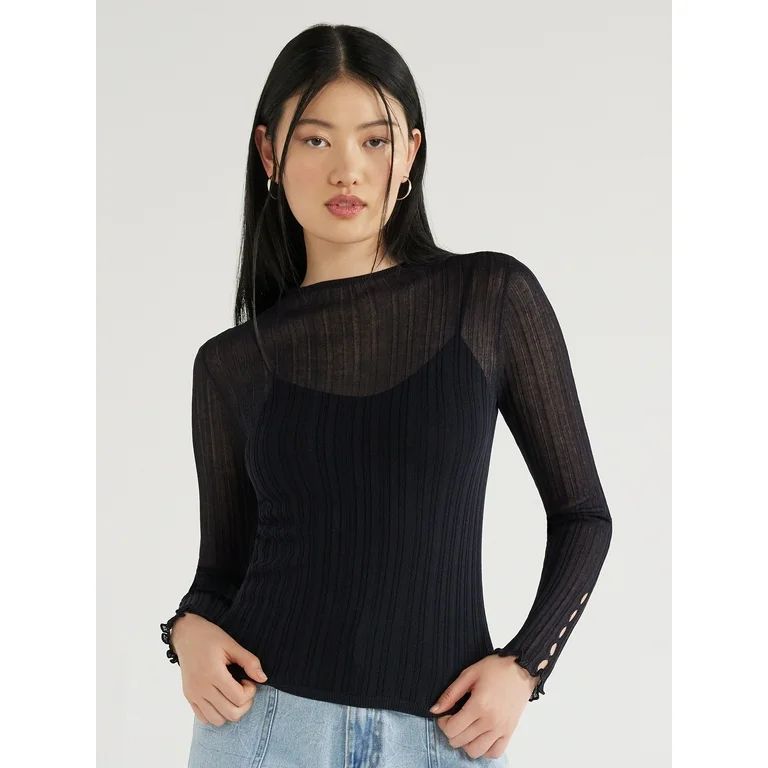 Scoop Women's Sheer Long Sleeve Sweater with Lining, Sizes XS to XXL | Walmart (US)